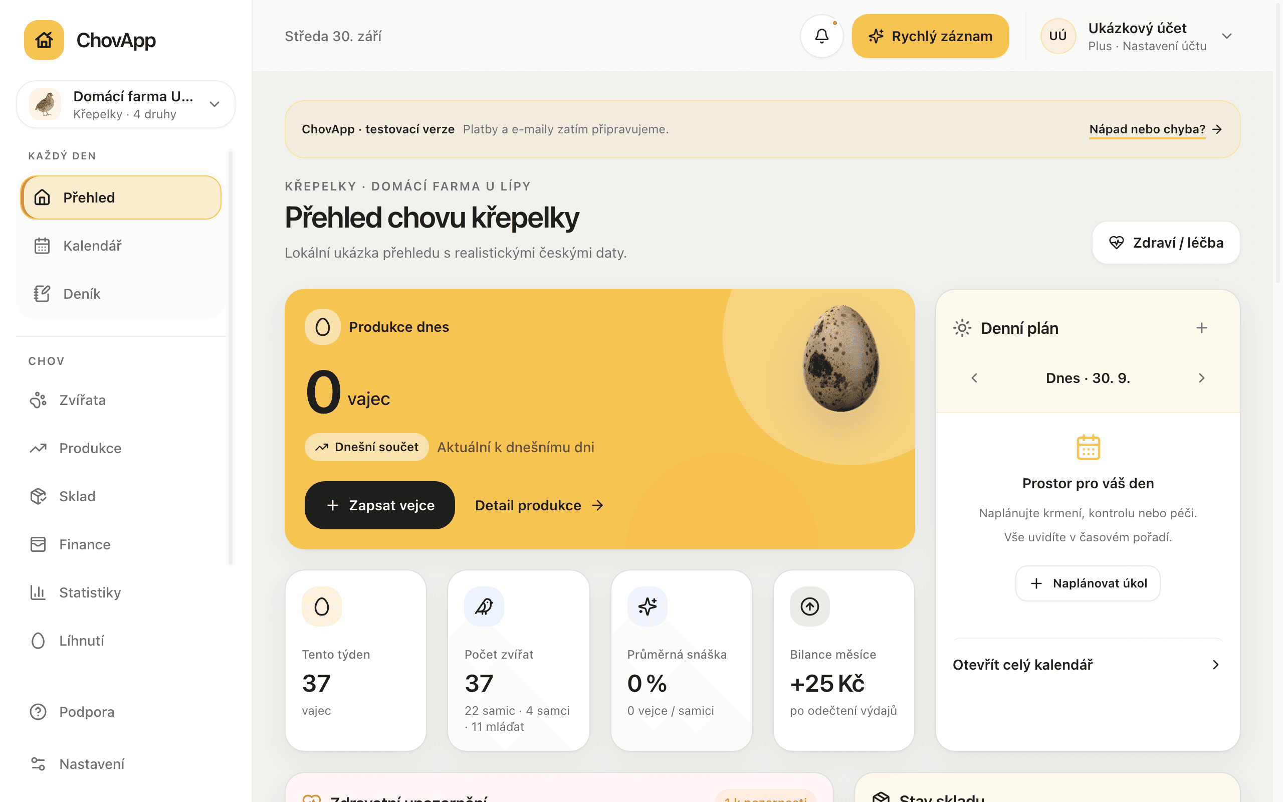 Přehled ChovApp na notebooku