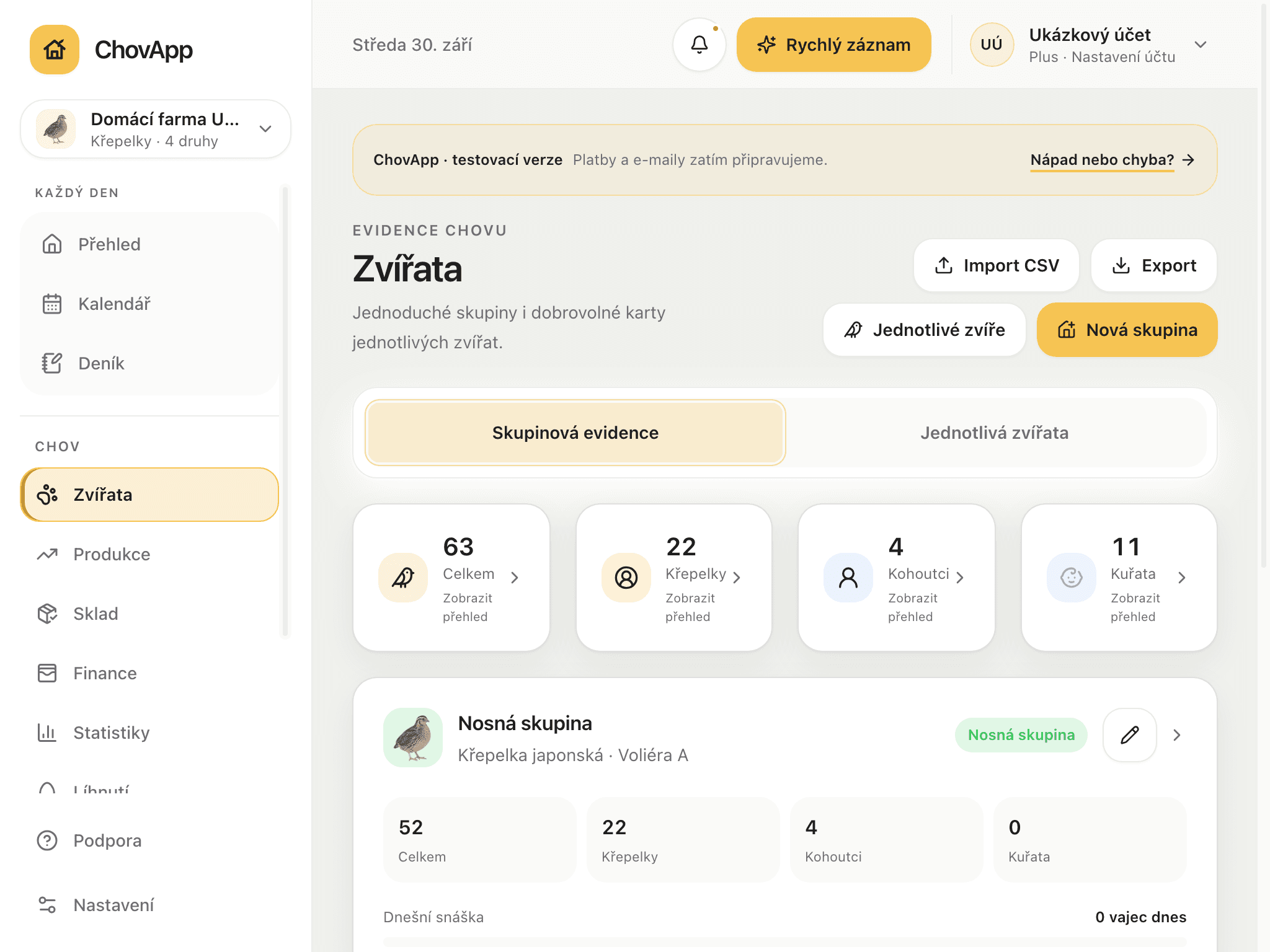 Evidence zvířat ChovApp na tabletu