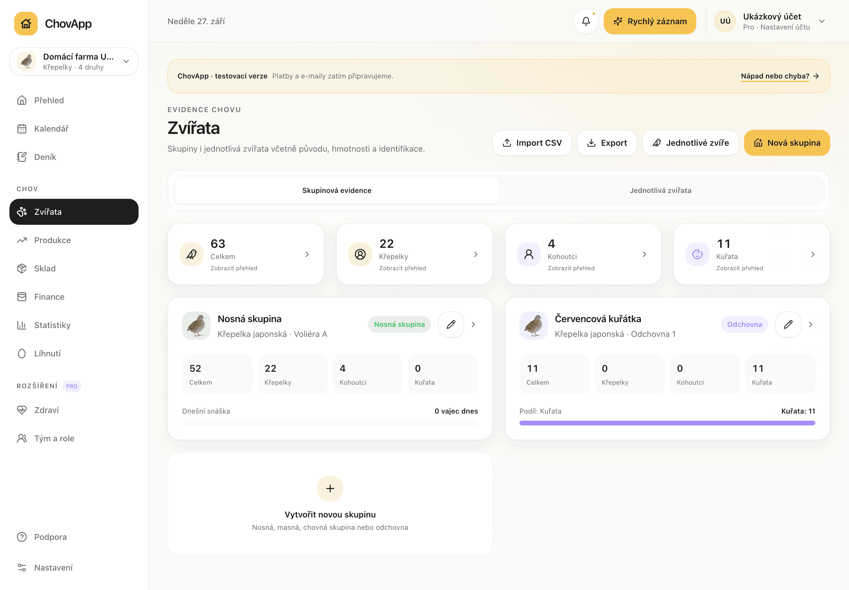 Skupinová evidence zvířat v ChovApp